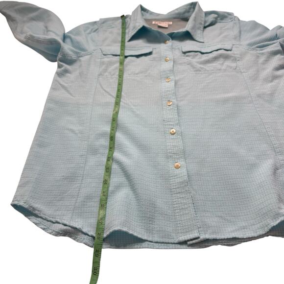Vintage ExOfficio Women Blue Camp Shirt XL 16/18 Vented Pockets Roll Tab Button - Picture 9 of 10